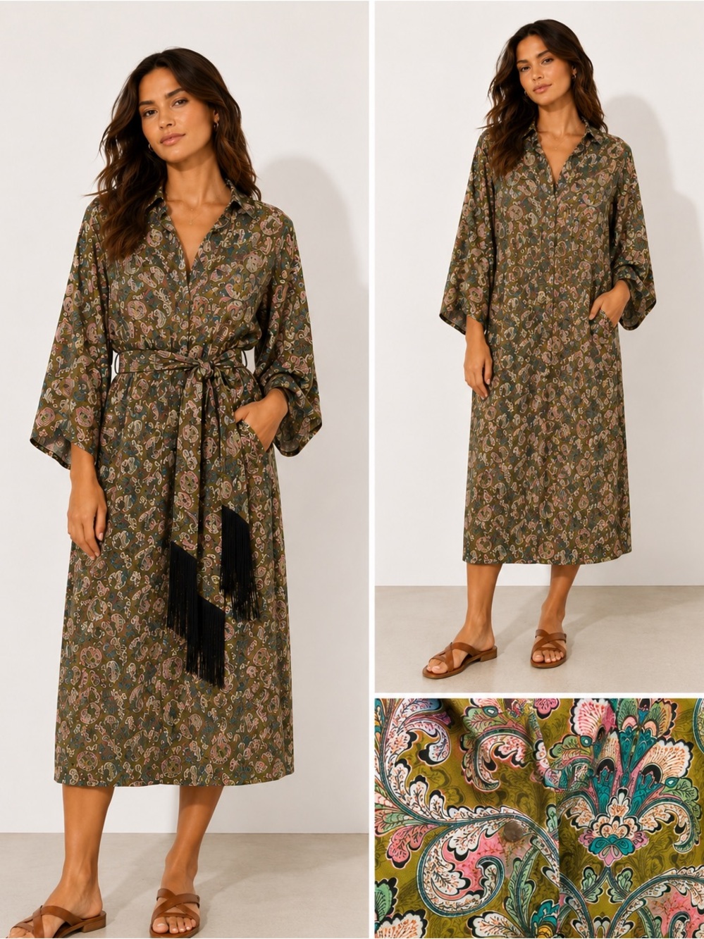 Traffic People Cinch Olive Paisley Midi Button Down Dress Tie Belt Kimono Duster